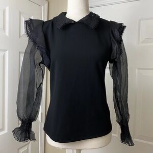 Andrew Marc Womens Top XS Black Sheer Puff Sleeve Blouse